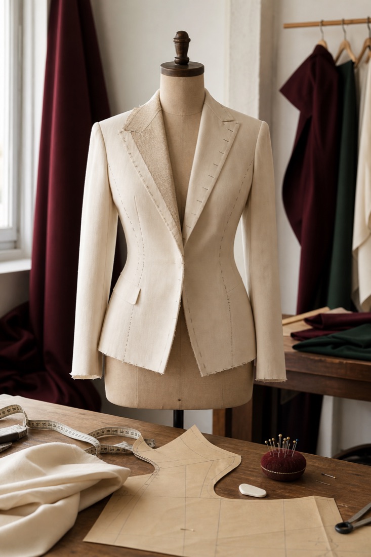 Partially fitted cream jacket on a dress form with basting lines