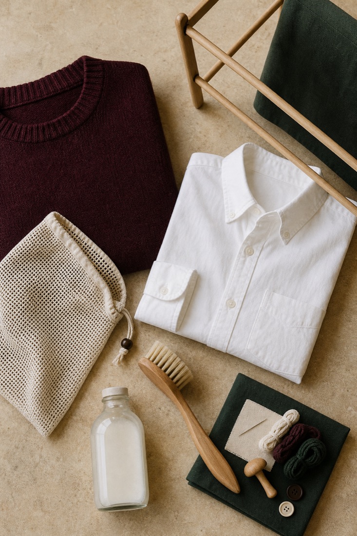 Folded knit and shirt with wash bag, clothes brush, drying rack and repair tools